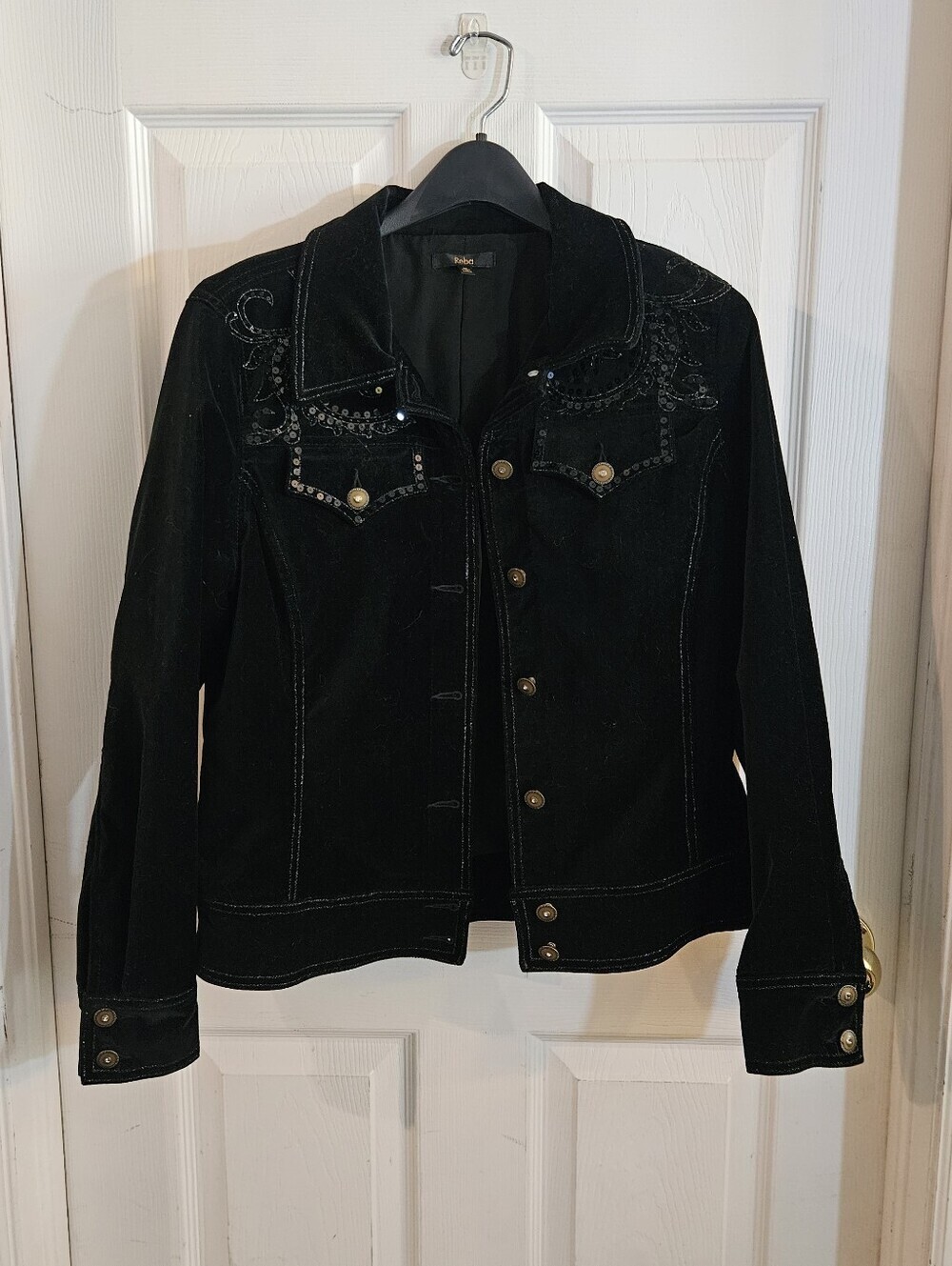 REBA Womens Velour Sequins Western Rodeo Jacket Black Medium